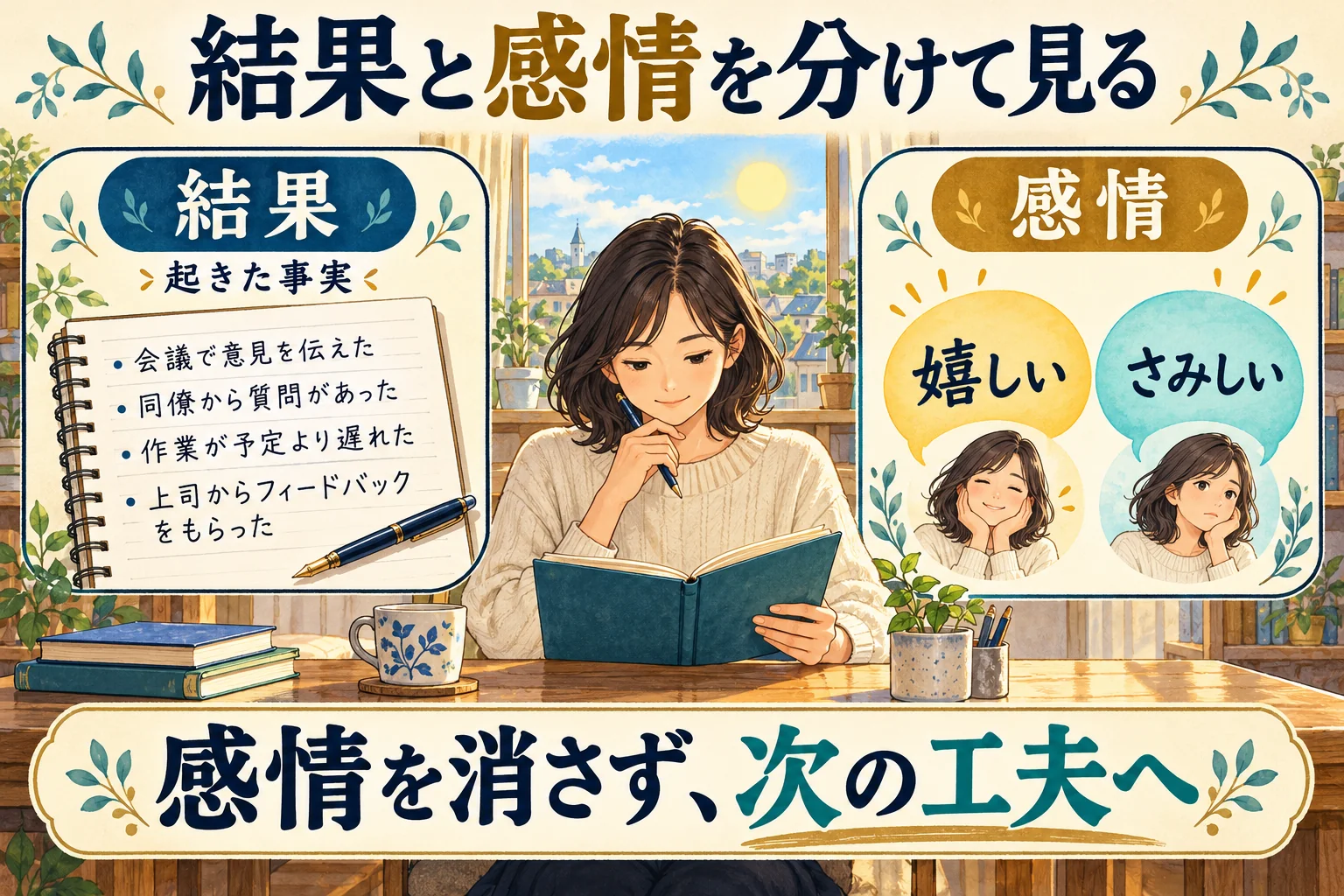 結果と感情を分けて見る。起きた事実と、嬉しさやさみしさを同時に別々の場所へ書くコラムの図。図中の会議等は分類を示す架空の例