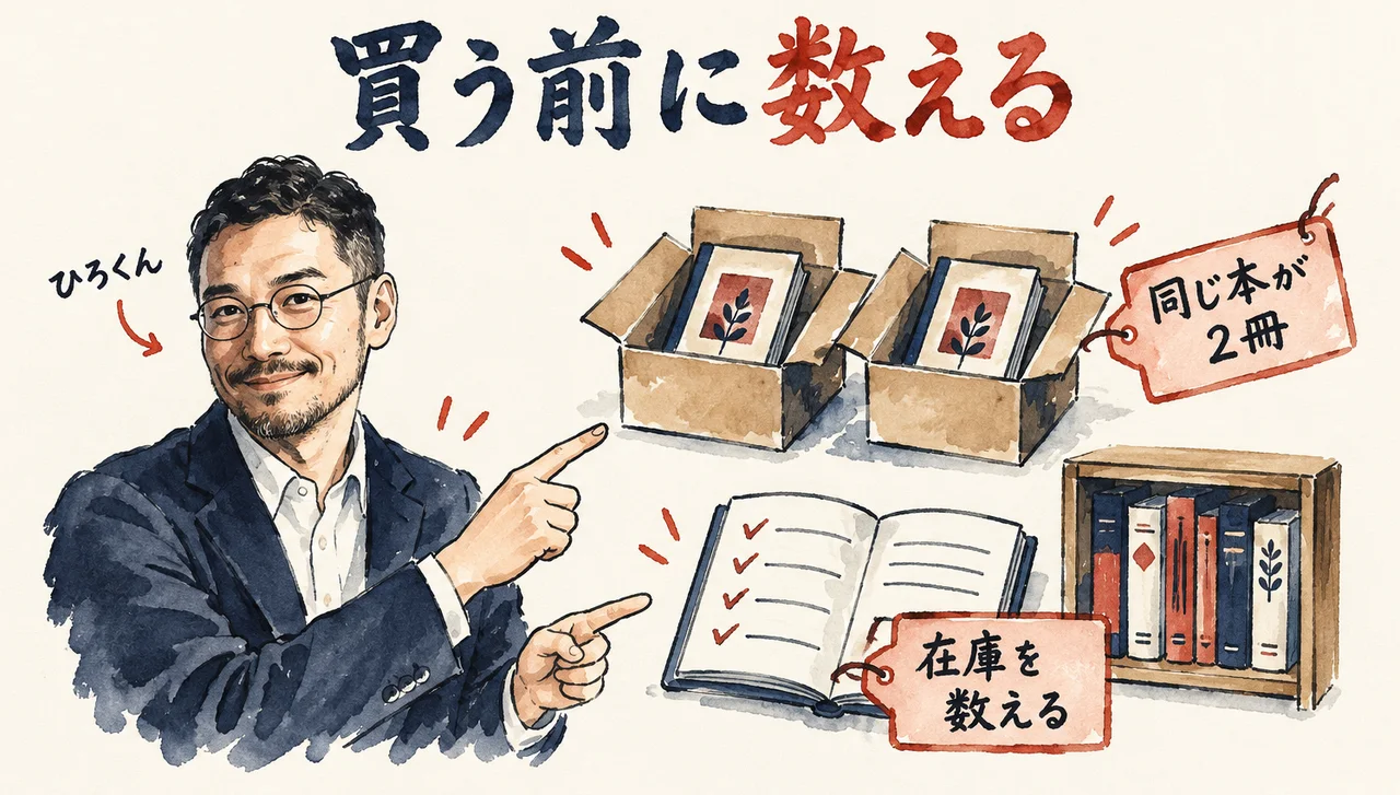 ひろくんが、同じ本が2冊届いた箱と、在庫を数える帳面を指さす図解。「同じ本が2冊」「在庫を数える」の札が付いている