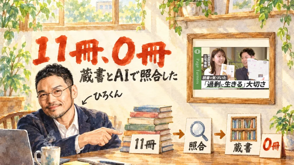 ひろくんが机の前で、本の山と「照合」「蔵書」の札を指さすアイキャッチ。右上の額縁に元動画のサムネイル。題字は「11冊、0冊」「蔵書とAIで照合した」