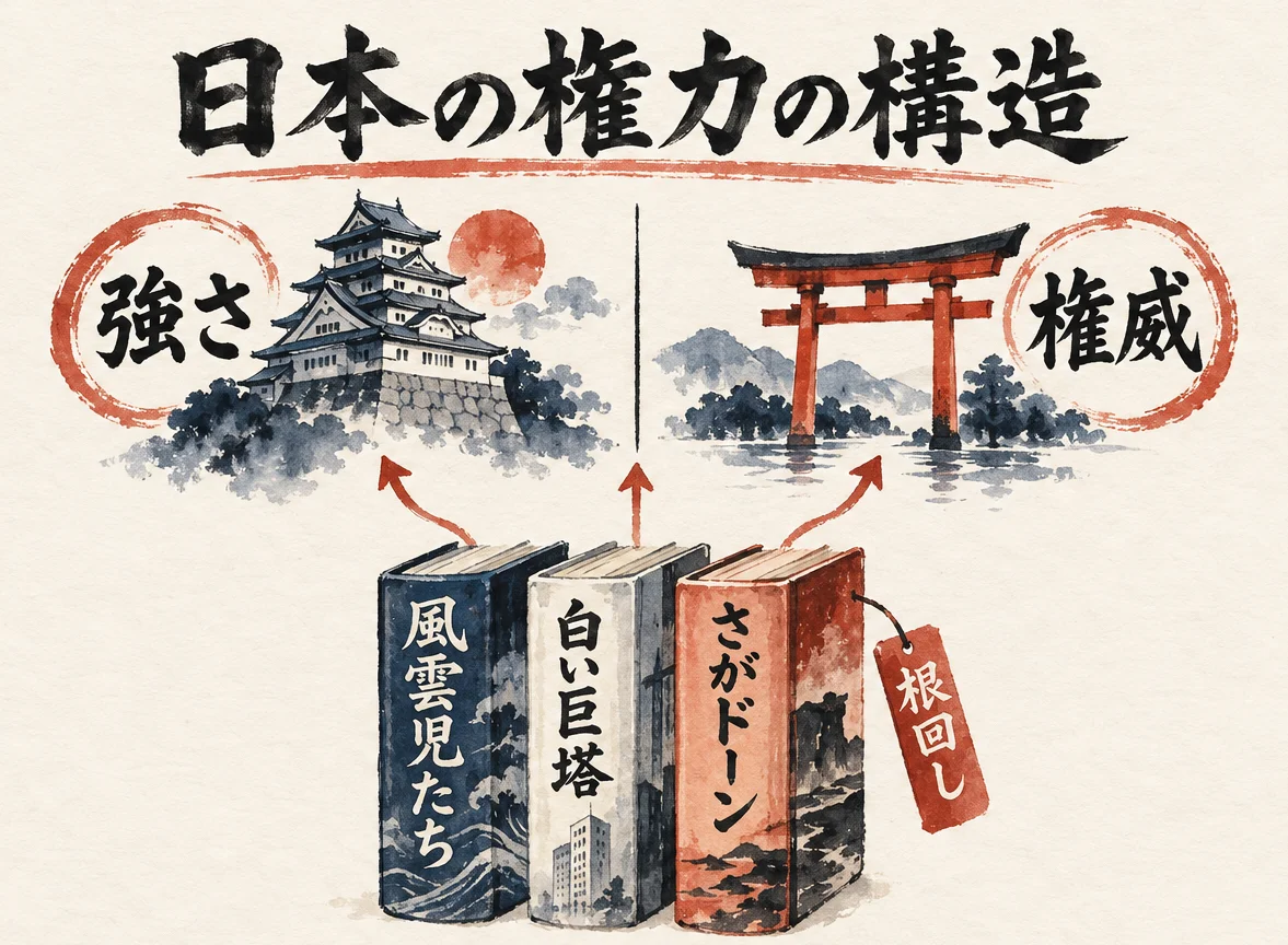 「強さ」の城と「権威」の鳥居の下に、『風雲児たち』『白い巨塔』『さがドーン』の3冊が並び、「根回し」の札が付いた図解