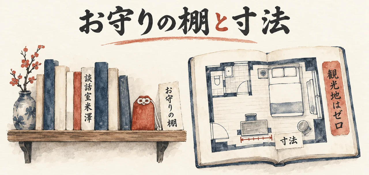 『談話室米澤』と「お守りの棚」の札が並ぶ棚と、ホテルの部屋の寸法を描いた図に「観光地はゼロ」の札が付いた図解