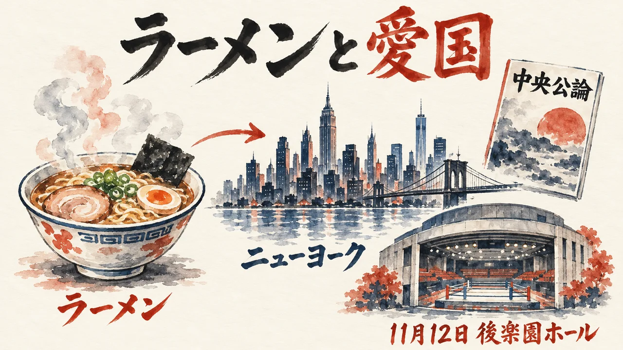 湯気のラーメン、ニューヨークの街、雑誌『中央公論』、後楽園ホールが並び「11月12日 後楽園ホール」と添えた図解