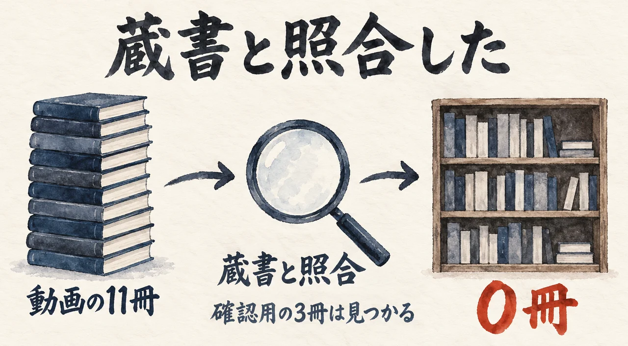 動画の11冊の山から虫眼鏡を通って本棚へ矢印が進み、棚の横に「0冊」と書かれ、「確認用の3冊は見つかる」と添えた図解