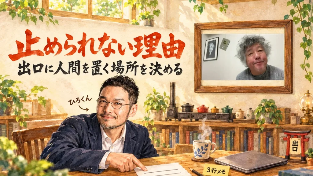 ひろくんが机の上の3行の紙を指さし、AI開発を止められない理由を動画で読んで、任せるAIの出口に人間を置く場所を決める記事のアイキャッチ。壁に動画のサムネイル