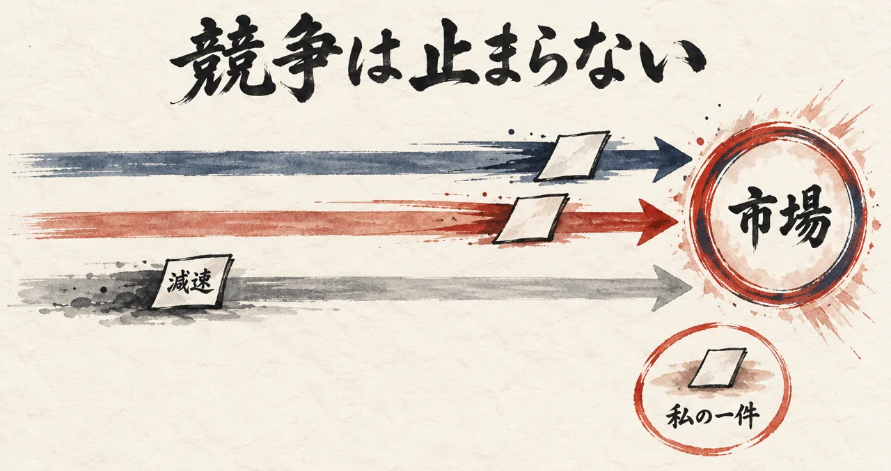 減速した側が負ける競争と、手元で区切る私の一件を示した図解