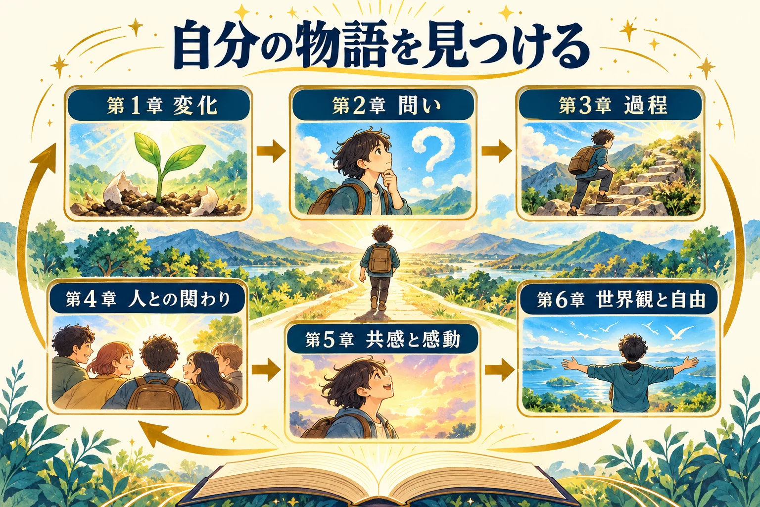 ストーリー・CQ・構成・キャラクター・共感と感動・世界観と自由の全6章をつなぐ全体図
