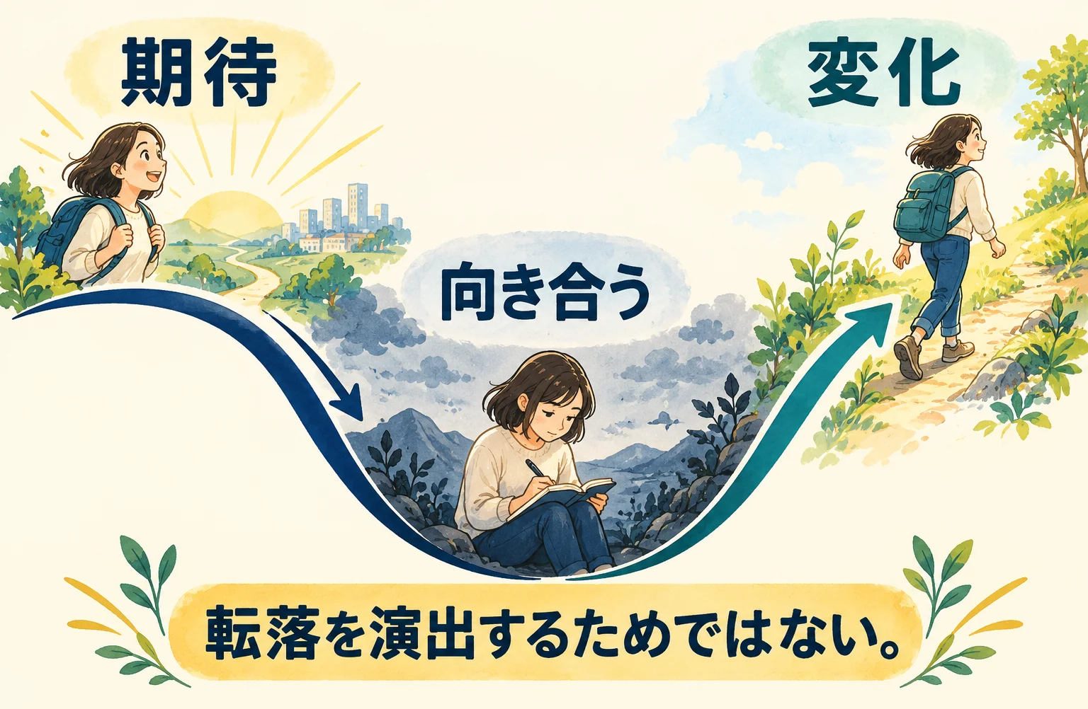 ボトムで自分と向き合い、変化するV字のストーリー構成