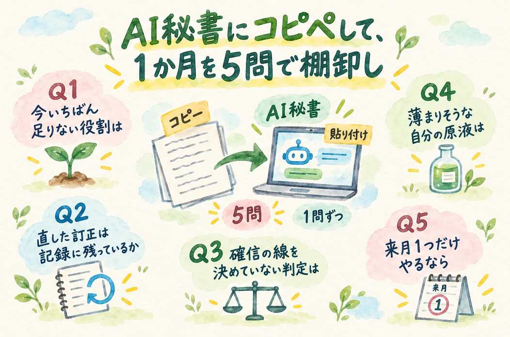5問でAI秘書に1か月を棚卸しするグラレコ図解