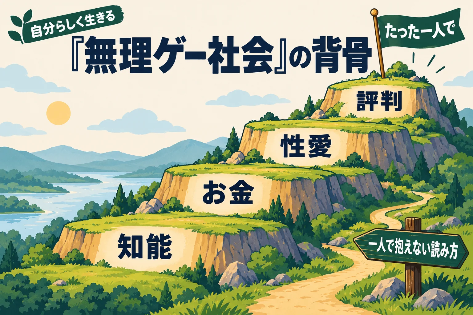 『無理ゲー社会』の背骨を、知能・お金・性愛・評判の四つの段がある地形として描き、頂上に「たった一人で」、ふもとに「一人で抱えない読み方」と置いた全体図
