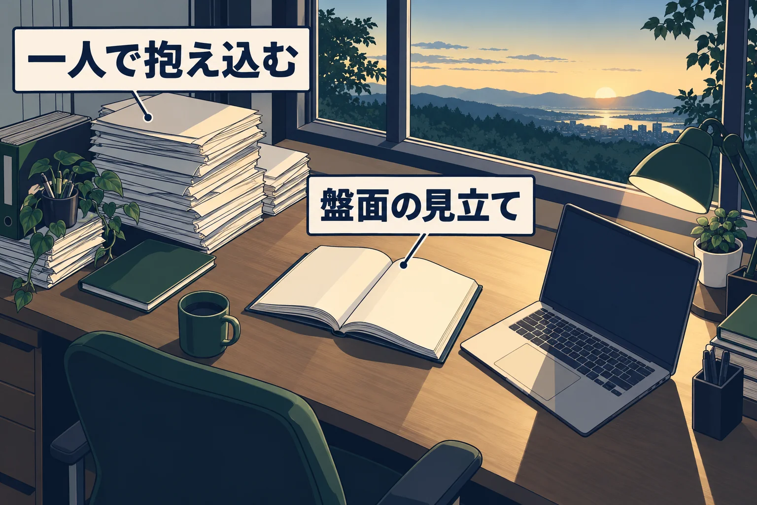 夜の机に本と一台のパソコンが置かれ、窓の外に朝の光が差し始める場面図。「盤面の見立て」「一人で抱え込む」のラベル入り