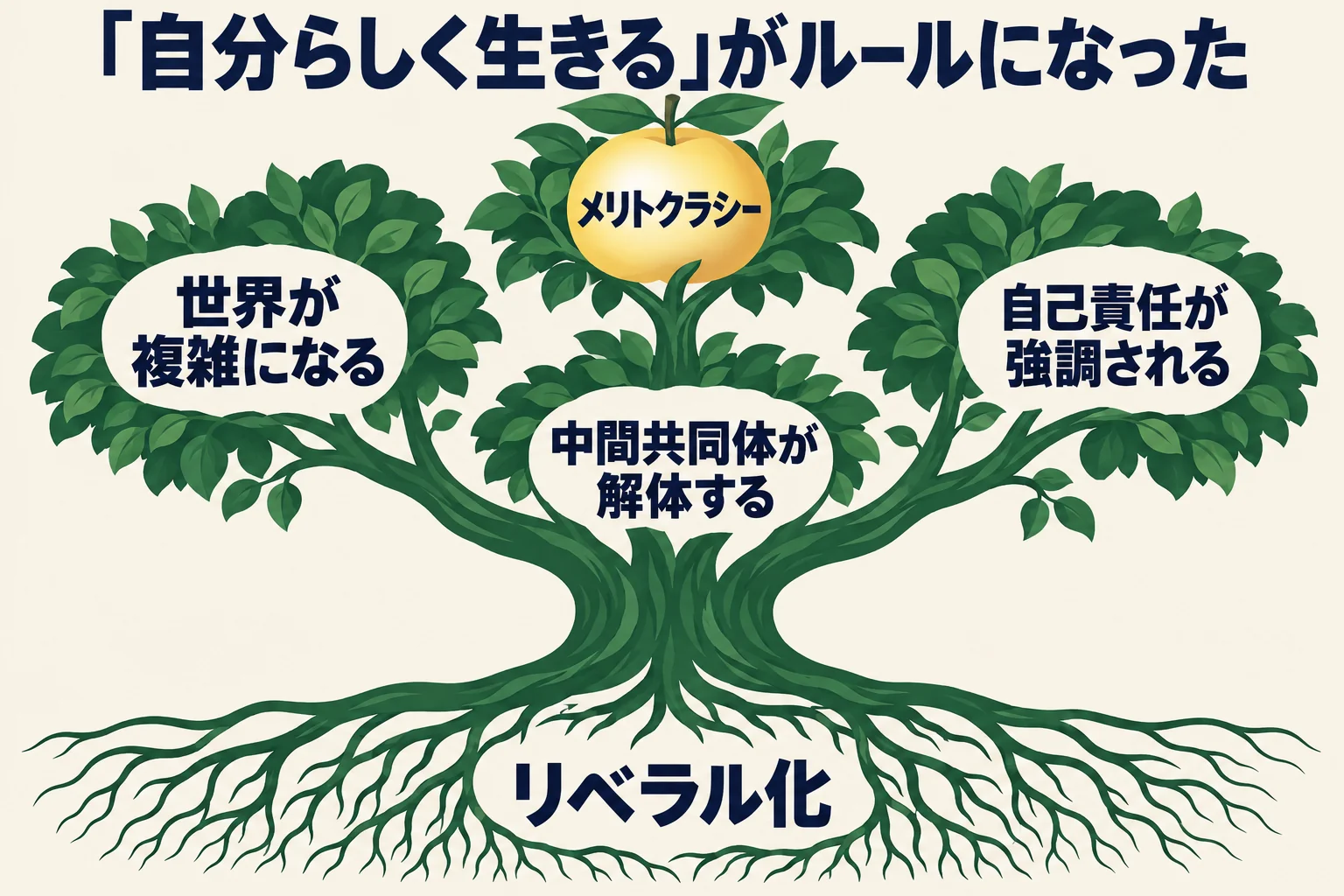 一本の木の根に「リベラル化」、幹から三本の枝「世界が複雑になる」「中間共同体が解体する」「自己責任が強調される」が伸び、梢に「メリトクラシー」がある図