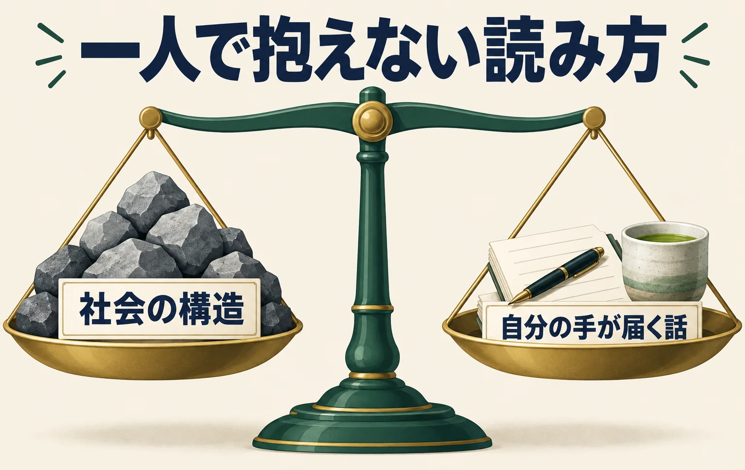 天秤の左皿に「社会の構造」、右皿に「自分の手が届く話」が乗り、支点の上に「一人で抱えない読み方」と置いたまとめの図