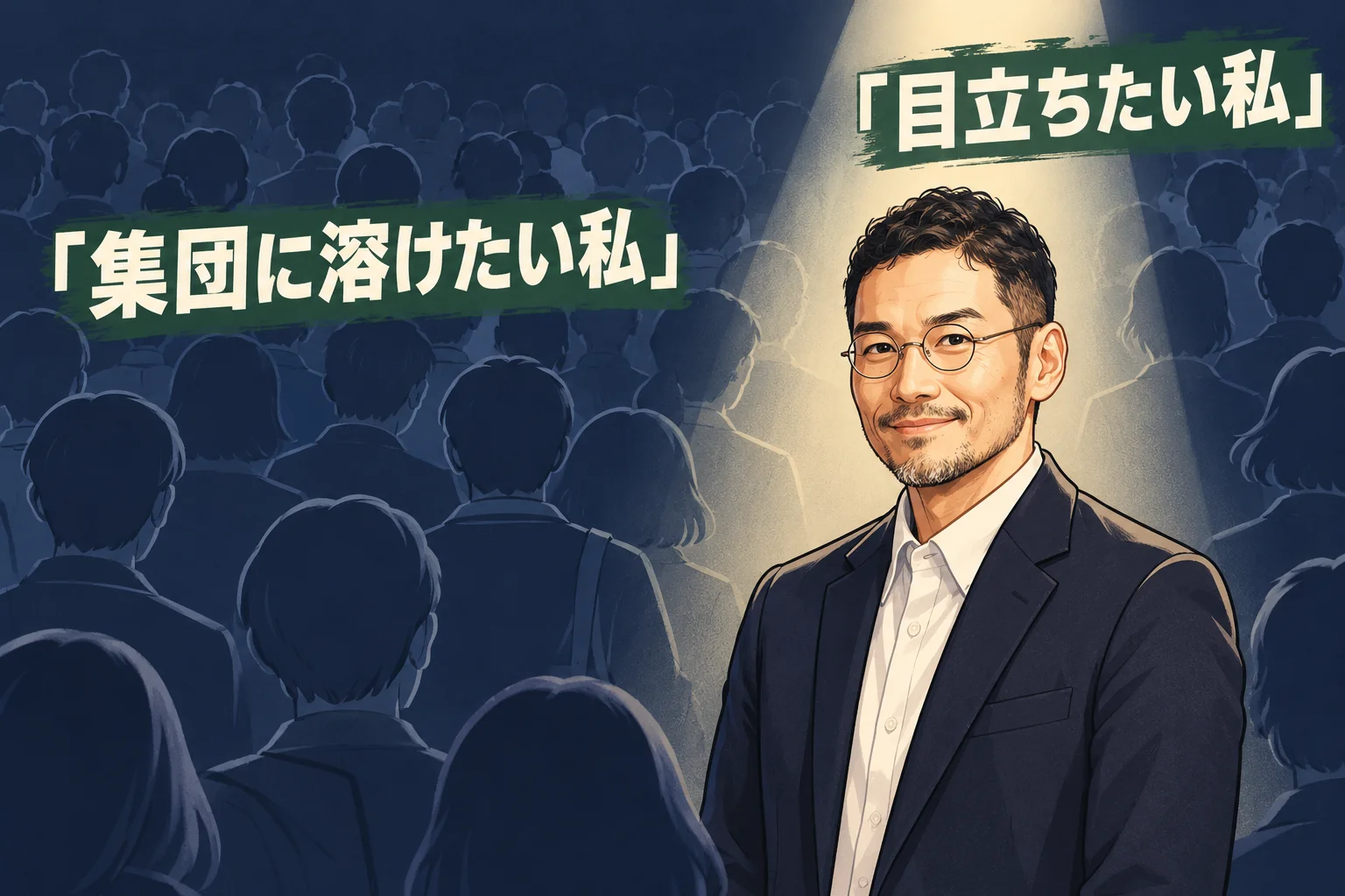 人の群れのシルエットの中に一筋のスポットライトが差し、手前に腰から上の私のイラスト。左右に「集団に溶けたい私」「目立ちたい私」のラベル（私の写真を元にしたイラストで、実際の場面ではありません）