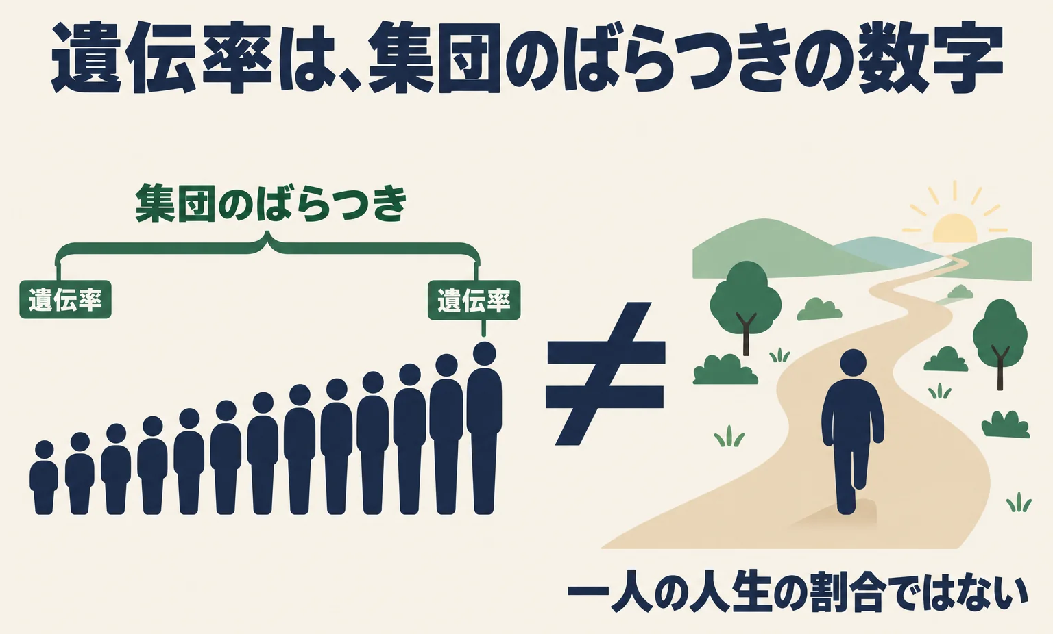 左に背丈や形の違う人々が並び、その違いの幅に「集団のばらつき」と付けた群れ、右に一人が歩く曲がった道。間に「≠」を置き、遺伝率は一人の人生の割合ではないと示す概念図