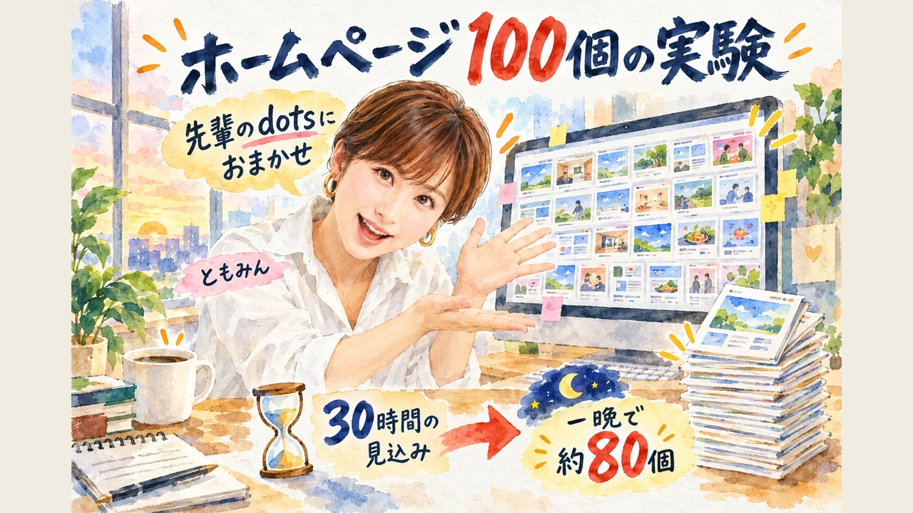 ともみんが先輩（dots）に任せた、ホームページ100個の実験 30時間の見込みが一晩で約80個