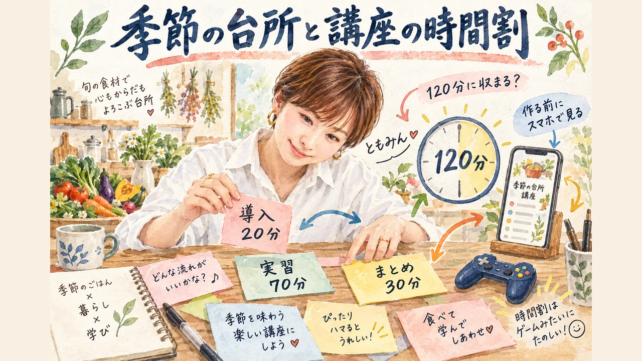 季節の台所と講座の時間割 120分に収まるかをゲームのように試し、スマホ表示も作る前に見る