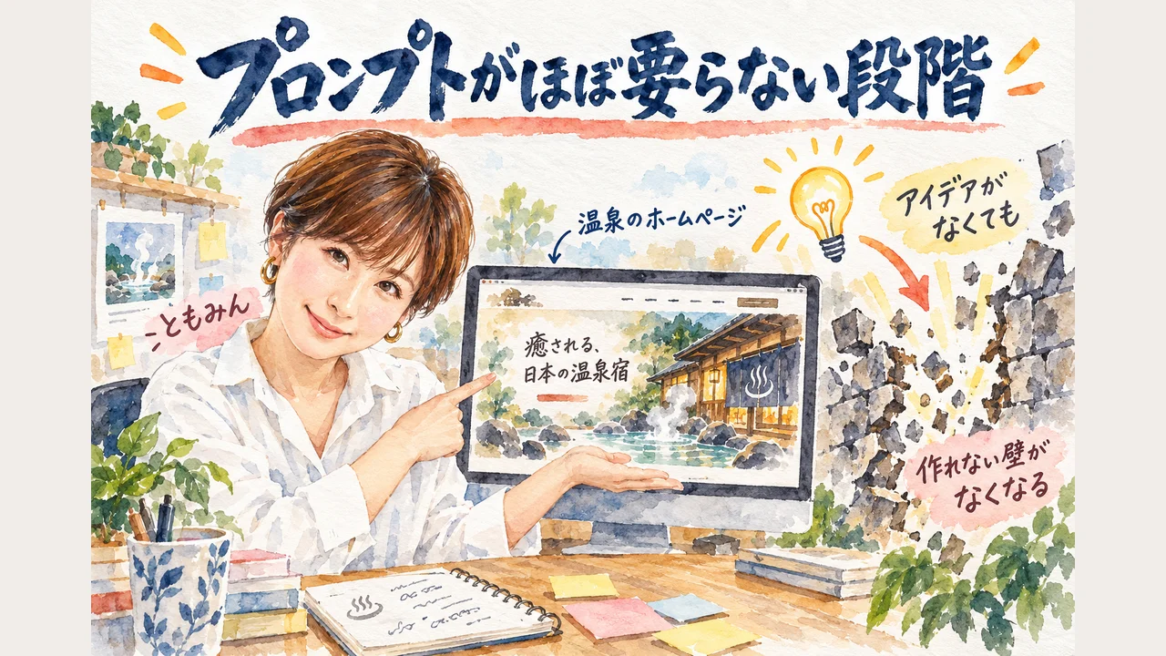 プロンプトがほぼ要らない段階 温泉のホームページで見えた、アイデアがなくて作れなかった人の壁