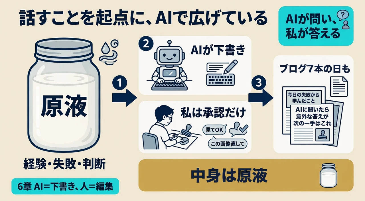 原液を起点にAIが下書きし、私が承認するブログの流れ