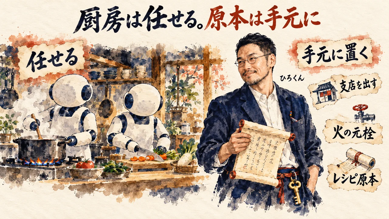 ひろくんコラム図解。厨房は任せても、レシピの原本と火を止める元栓と新しい店を出す権利は手元に置く