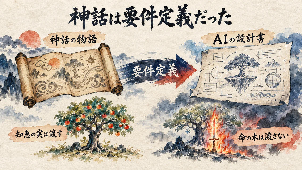 長嶋修さんの話の全体図。神話の上限からAIへ、渡す知恵の実と渡さない命の木