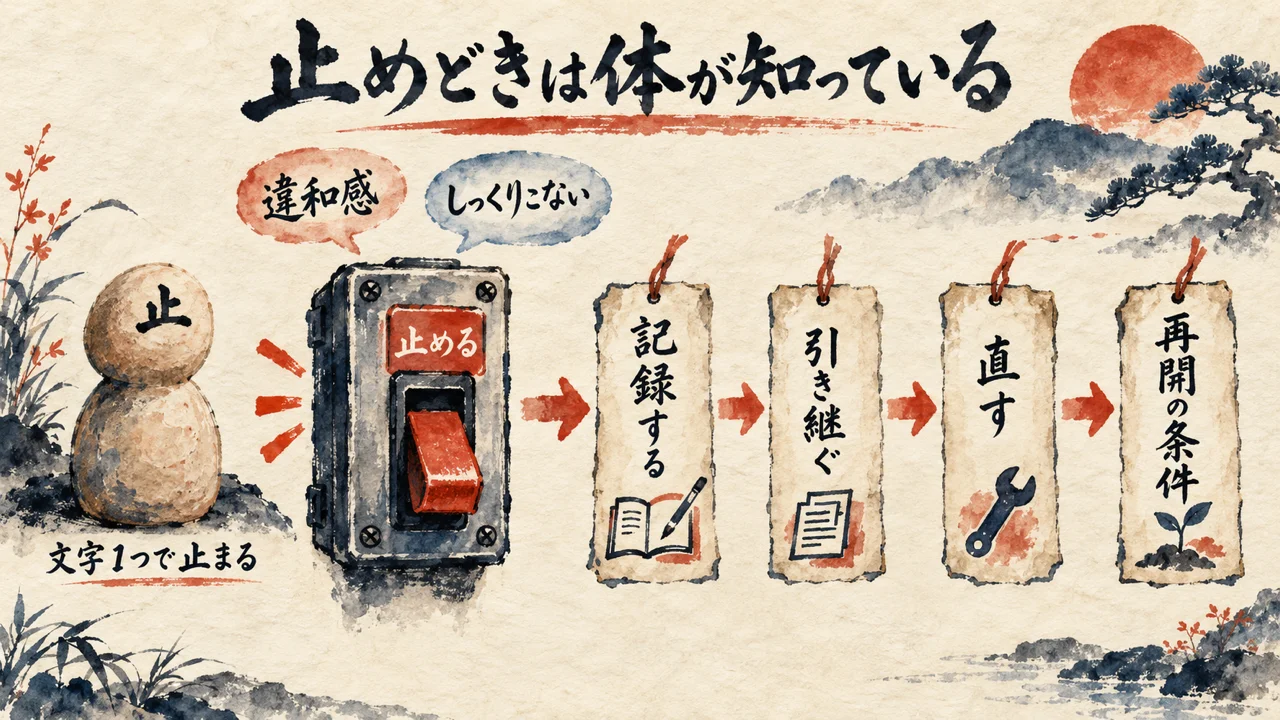 止める手の図。体のサインで止めどきに気づき、止めるスイッチを仕組みに入れておく