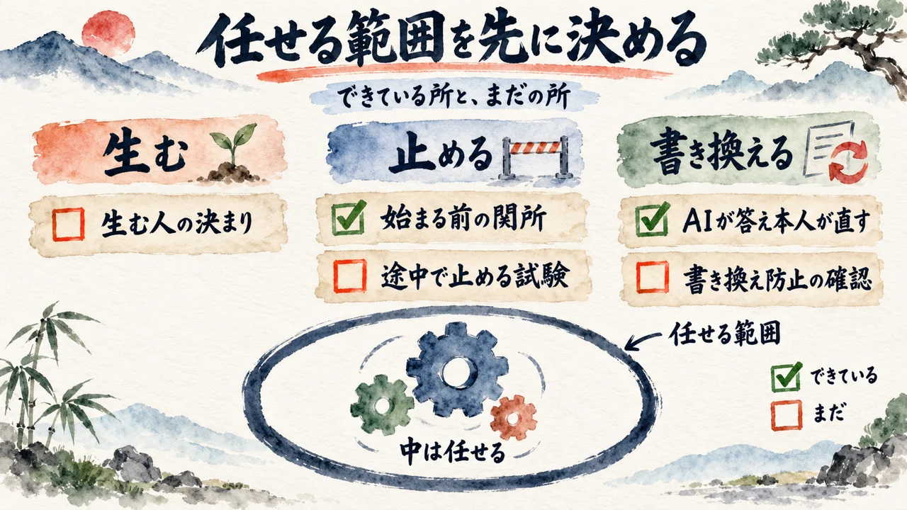 生む・止める・書き換えるの3つの手について、仕組みにした所とまだの所を並べ、任せる範囲を先に決める図