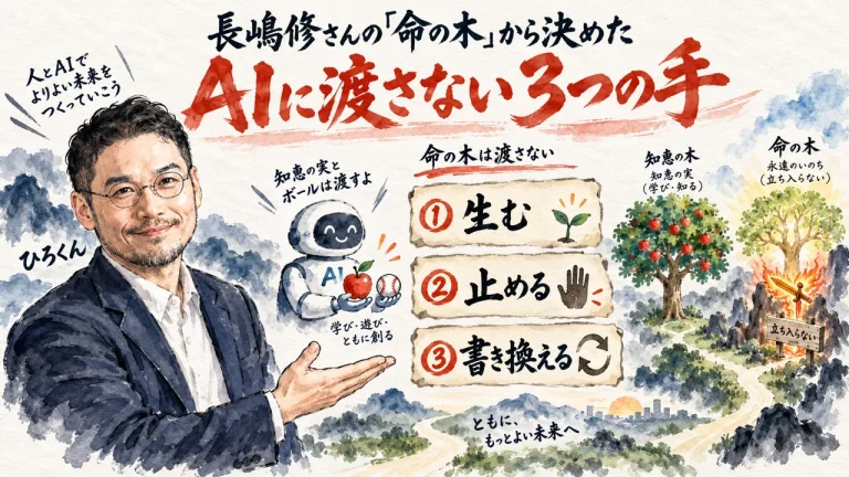 長嶋修さんの「命の木」から決めたAIに渡さない3つの手（生む・止める・書き換える）と、命の木の前の炎の剣を示すひろくんの全体図