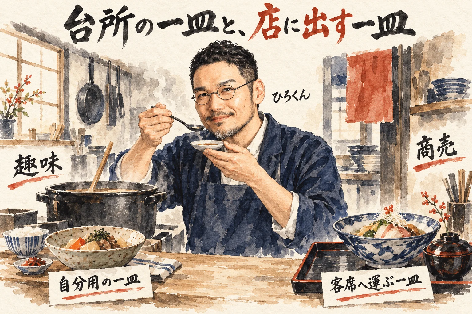 台所で鍋のスープを小皿で味見するひろくんと、自分用の一皿（趣味）、客席へ運ぶ一皿（商売）を並べたコラム図解