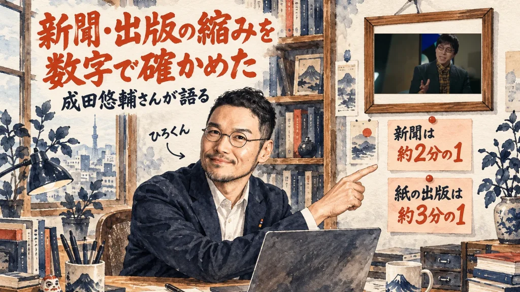 成田悠輔さんが語る新聞・出版の縮みを数字で確かめたと紹介するひろくんと、壁に動画のサムネイル