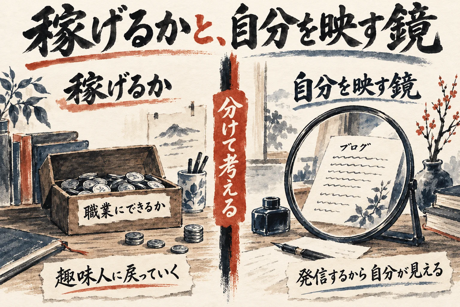 稼げるか（職業にできるか・趣味人に戻っていく）と、自分を映す鏡（発信するから自分が見える）を、分けて考える左右の図解