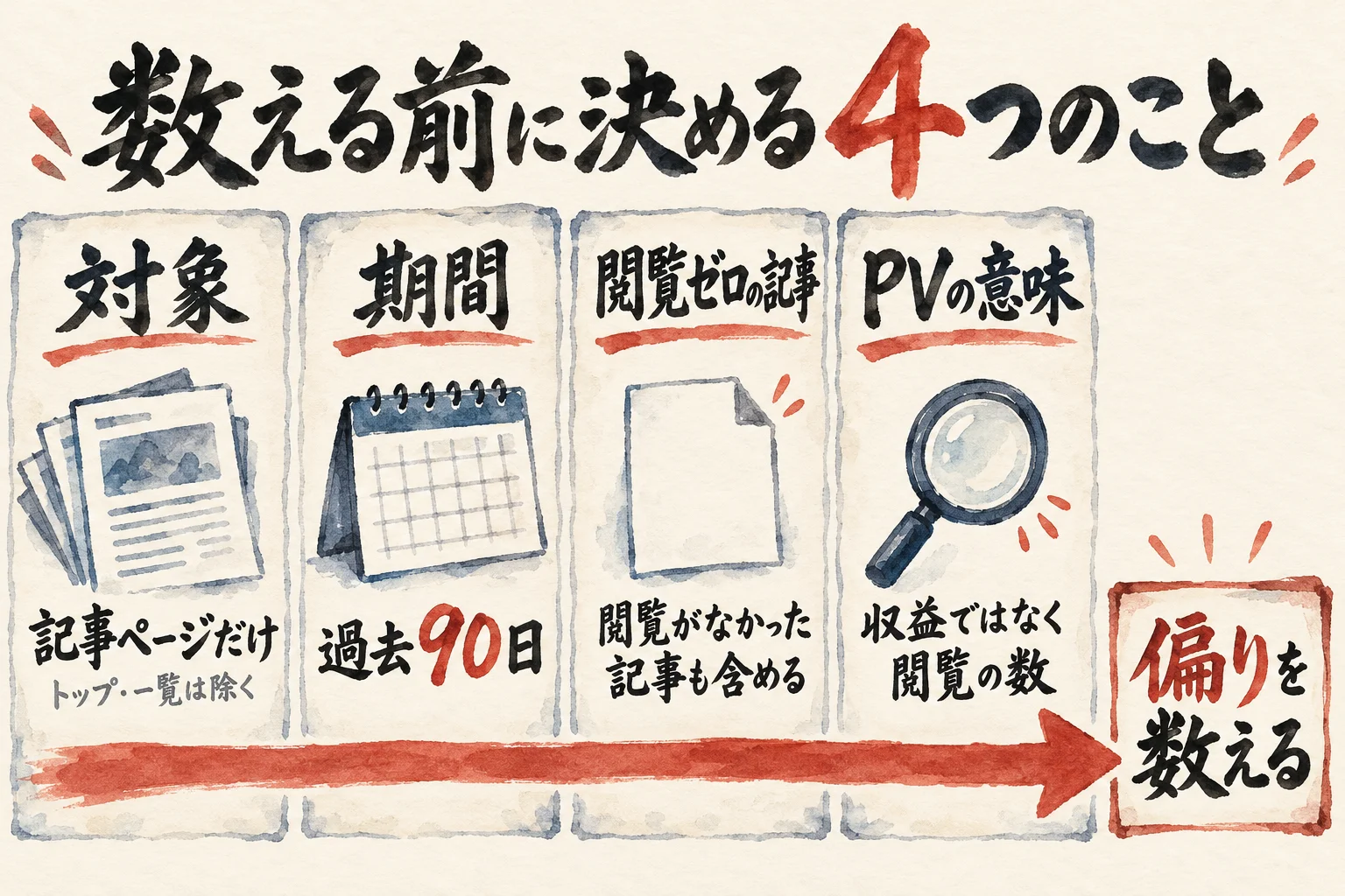 数える前に決める4つ（対象は記事ページだけ・期間は過去90日・閲覧ゼロの記事も含める・PVは収益ではなく閲覧の数）を、偏りを数える箱へ矢印でつないだ図解