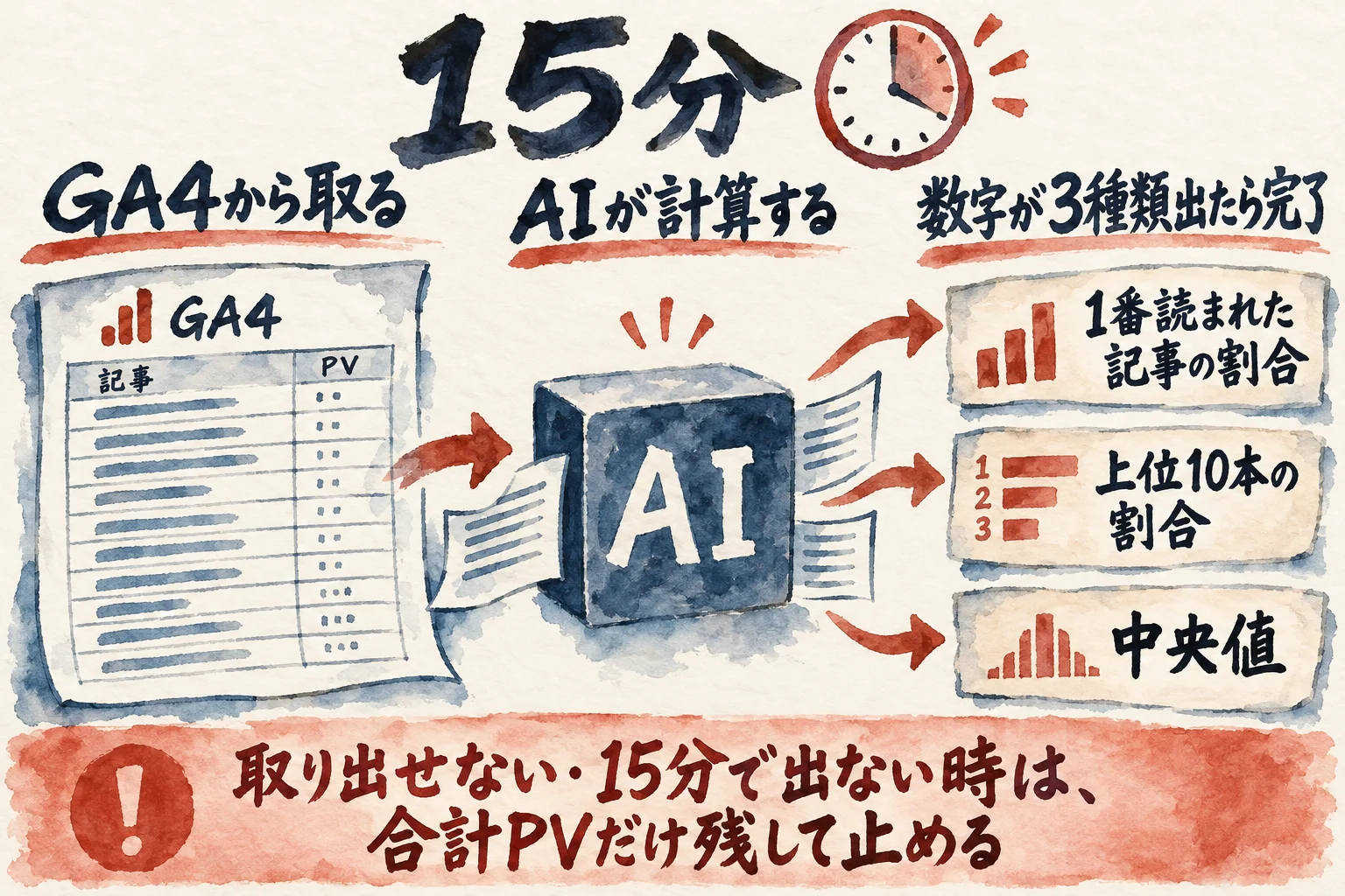 GA4から取る、AIが計算する、3種類の数字が出たら完了の15分の流れと、15分で出ない時は合計PVだけ残して止める条件を示した図解