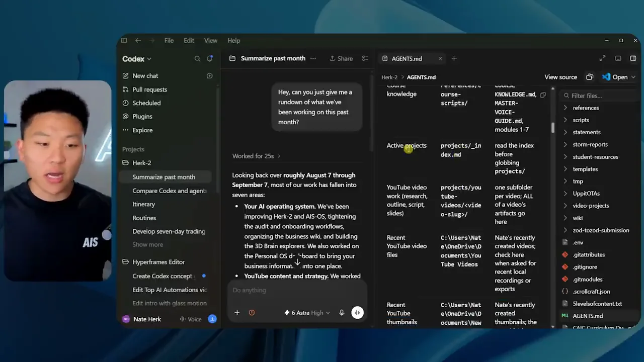 動画キャプチャ: Codexの画面でAGENTS.mdのファイルを開き、プロジェクトの案内が並ぶ場面（3:15頃）