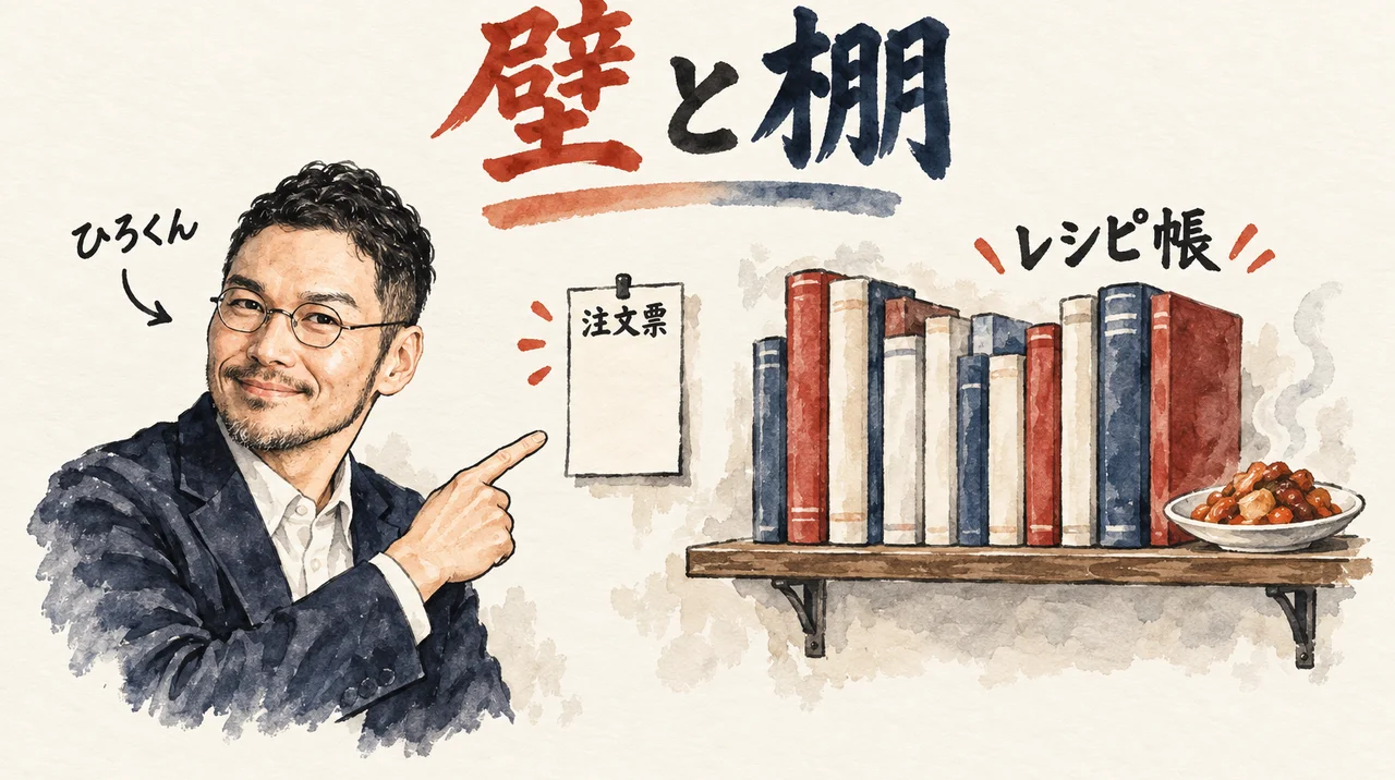 ひろくんが壁の短い注文票を指さし、右の棚に並ぶレシピ帳と一皿の料理を見せる厨房の図解