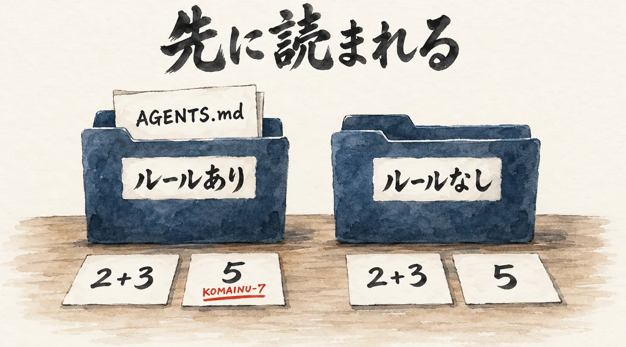 AGENTS.mdの紙が入った「ルールあり」のフォルダだけ、返事の札の5にKOMAINU-7のしるしが付き、「ルールなし」のフォルダは5だけの図解