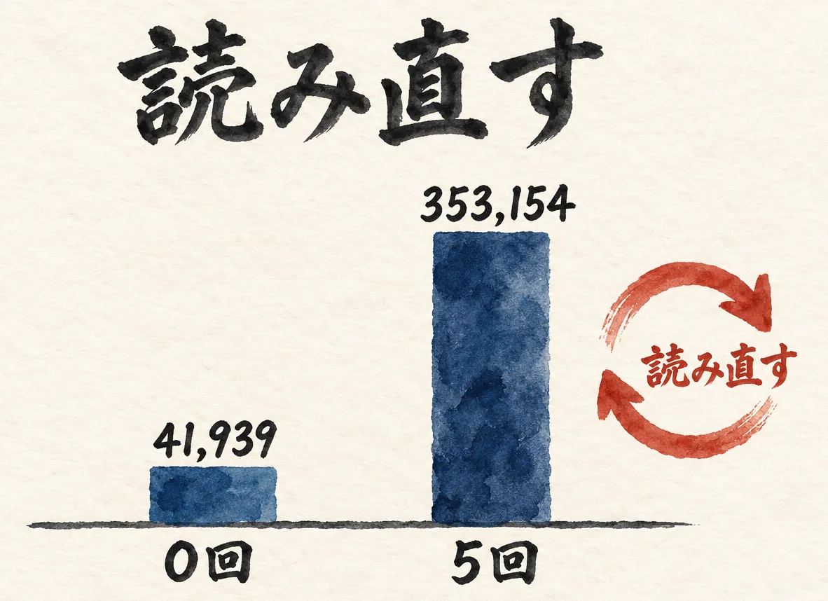 コマンド0回の入力41,939と、コマンド5回の入力353,154を比べた2本の棒グラフと、読み直す矢印の図解