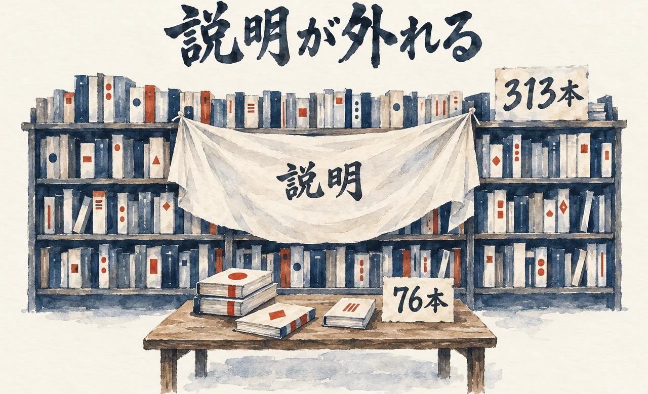 313本の本棚の説明が布で隠れ、手前の机に直近30日に使った76本だけが置かれた図解