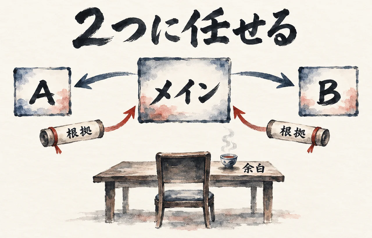 メインの箱から2つの小さな箱A・Bへ仕事を任せ、根拠の巻物が戻り、机に空いた椅子と湯のみが残る図解