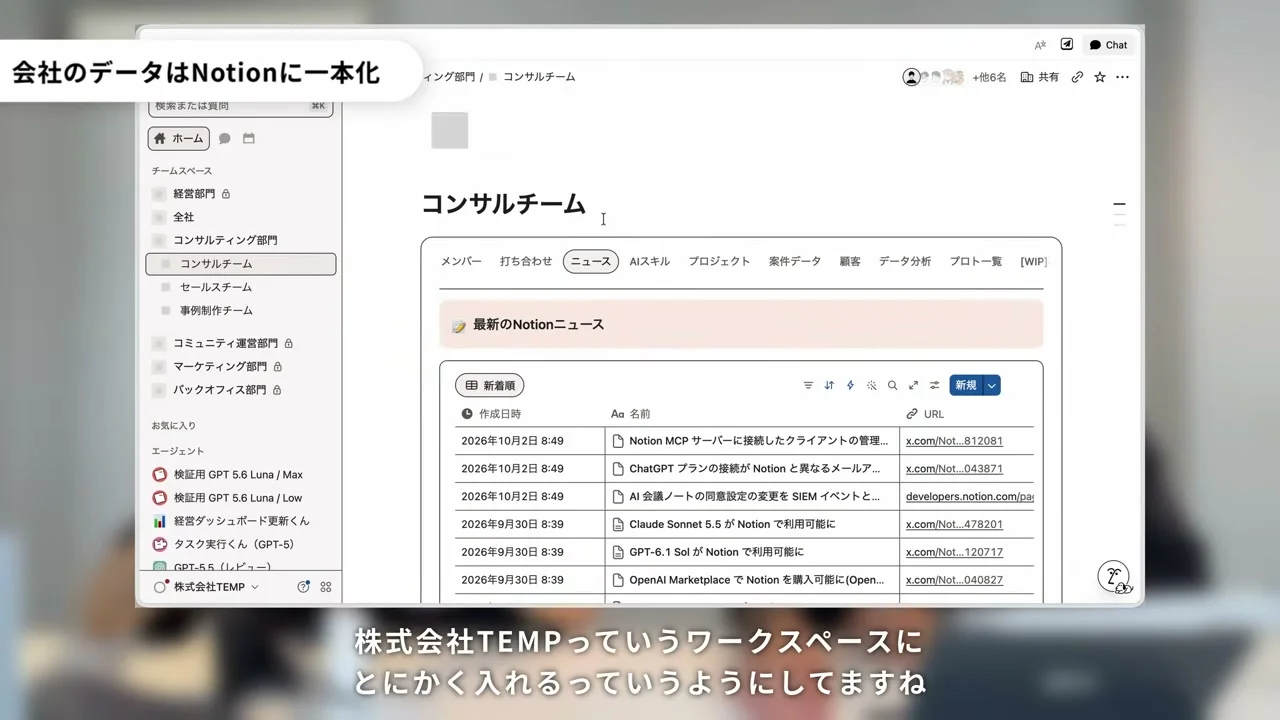 動画キャプチャ: 会社のデータをNotionに一本化していると円谷さんが話す場面（4:18頃）