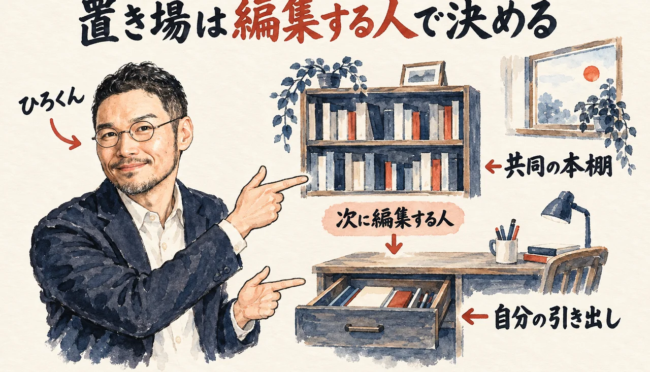 ひろくんが、右の本棚「共同の本棚」と引き出し「自分の引き出し」を指さす。2つの間に「次に編集する人」の札が置かれた図解