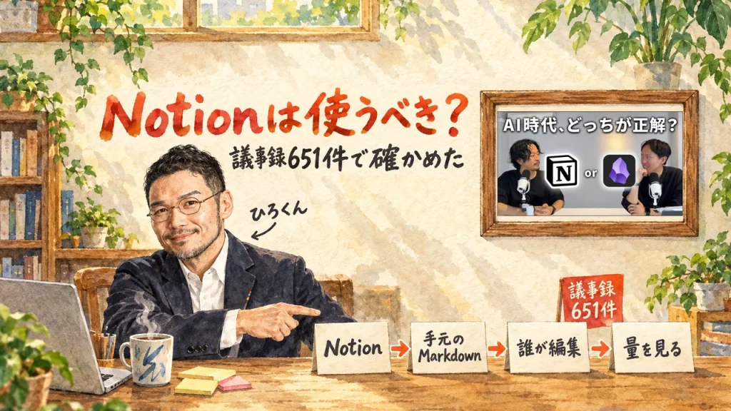ひろくんが机の前で「Notion」「手元のMarkdown」「誰が編集」「量を見る」の4枚の札を指さすアイキャッチ。右上の額縁に動画のサムネイル。題字は「Notionは使うべき？」議事録651件で確かめた
