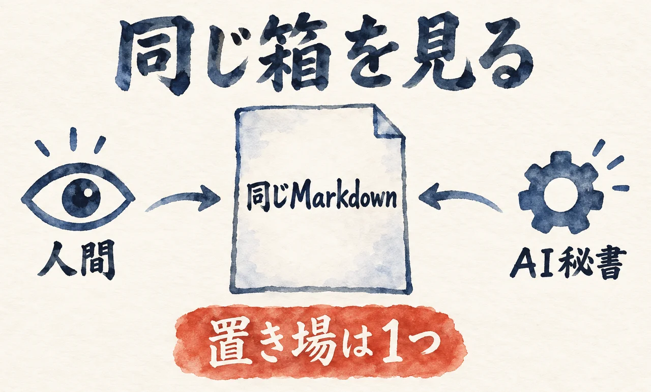 1枚の「同じMarkdown」の書類を、人間の目とAI秘書の歯車が一緒に見ている図解。置き場は1つ