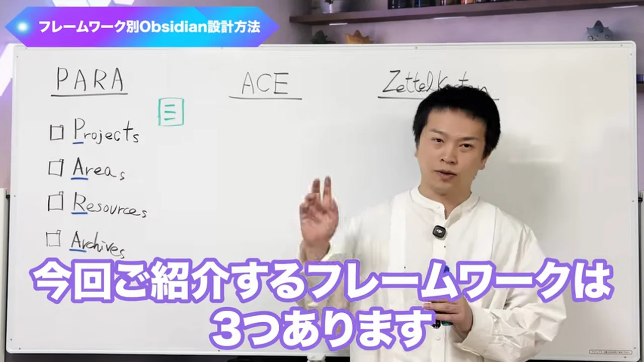 動画キャプチャ: ホワイトボードにPARA・ACE・Zettelkastenの3つが書かれ、「今回ご紹介するフレームワークは3つあります」と話す場面（1:30頃）