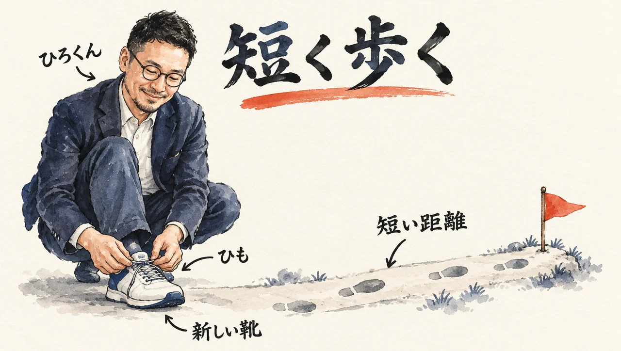 ひろくんがしゃがんで新しい靴のひもを結び直し、右に短い道と足あと、先に旗が立つ「短く歩く」の図解