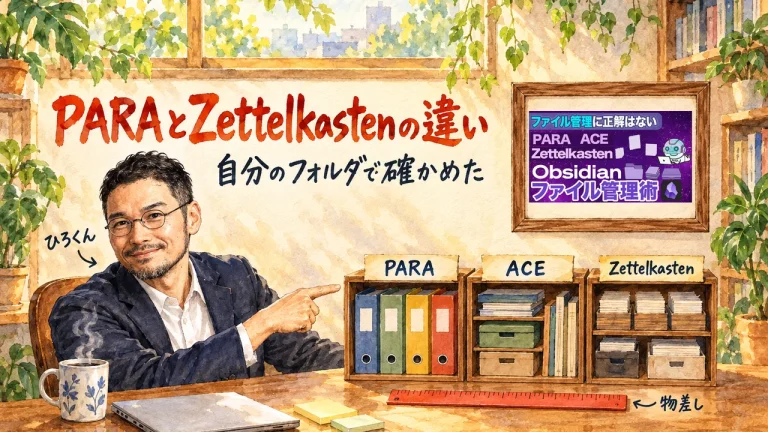 ひろくんが机の上のPARA・ACE・Zettelkastenの3つの棚と朱色の物差しを指さすアイキャッチ。右上の額縁に元動画のサムネイル「ファイル管理に正解はない」