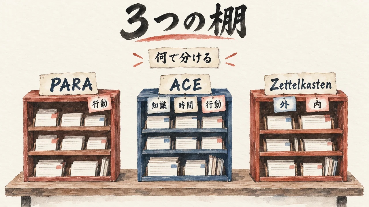 PARA（行動）、ACE（知識・時間・行動）、Zettelkasten（外・内）の3つの棚を並べ、「何で分ける」の札を掲げた図解