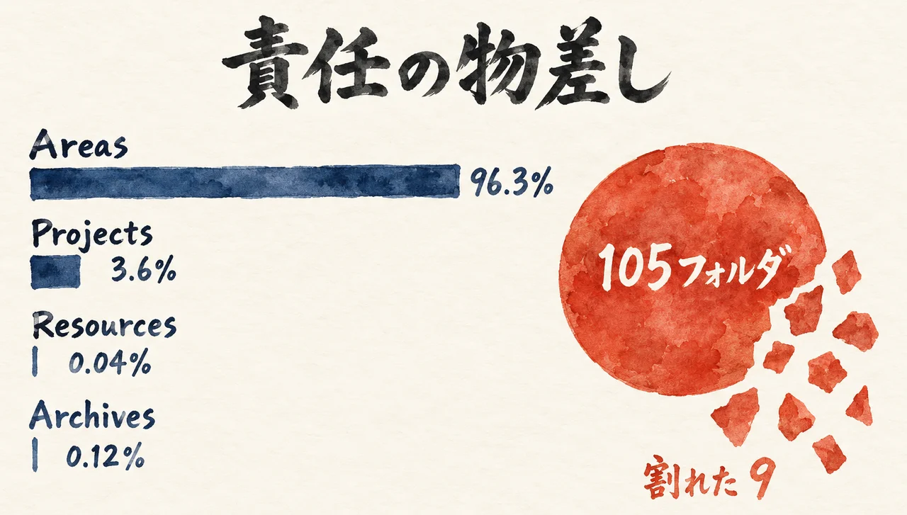 Areas 96.3%、Projects 3.6%、Resources 0.04%、Archives 0.12%の横棒と、105フォルダの円から割れた9個の小片を描いた「責任の物差し」の図解