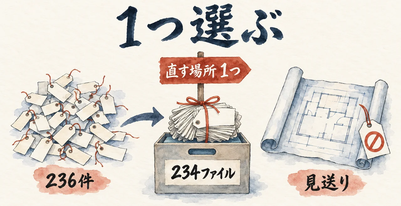 ばらばらの236件のタグ札が1本の紐で束ねられて「234ファイル」の箱に入り、「直す場所 1つ」の道しるべが立ち、右の設計図の巻物に「見送り」の札が付いた図解