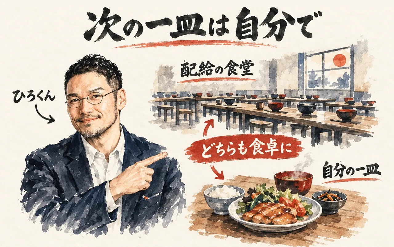 ひろくんが、「配給の食堂」と湯気の立つ「自分の一皿」を指し、朱色の札「どちらも食卓に」を示すコラム図解