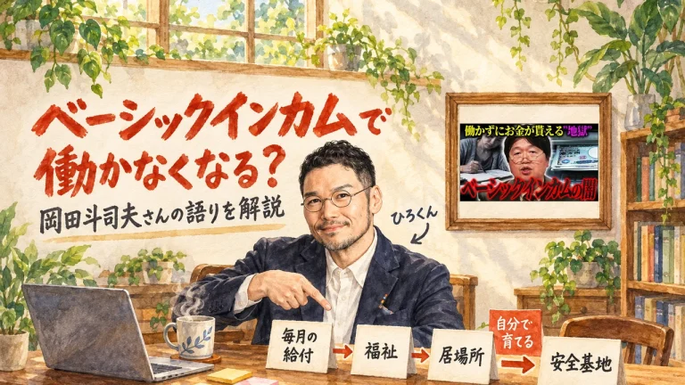 ひろくんが机の前で「毎月の給付」「福祉」「居場所」「安全基地」の4枚の札を指さし、「自分で育てる」の札が添えられたアイキャッチ。右の額縁に動画のサムネイル（岡田斗司夫さんのベーシックインカムの動画）。題字は「ベーシックインカムで働かなくなる？」岡田斗司夫さんの語りを解説。壁に動画のサムネイル